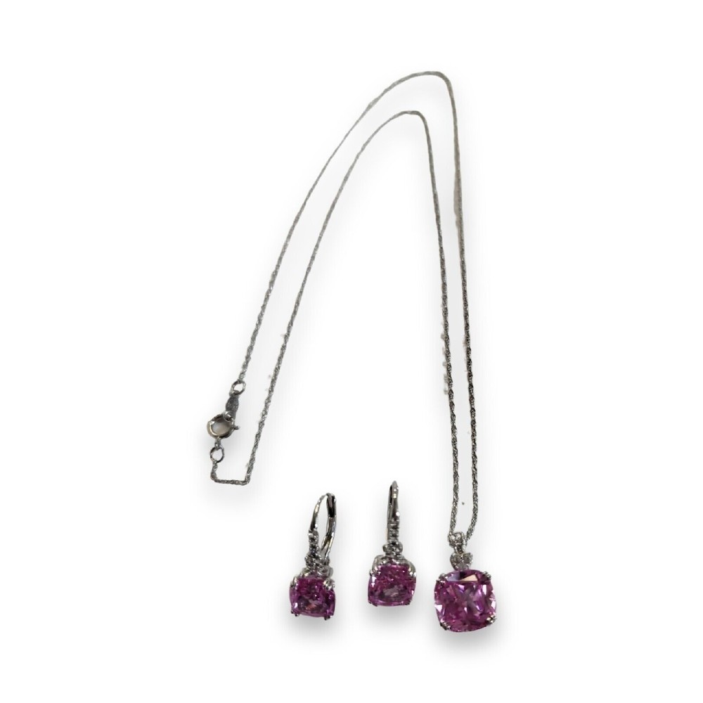 Sterling Silver Pink And White Sapphire Necklace 18 in And Earrings Set